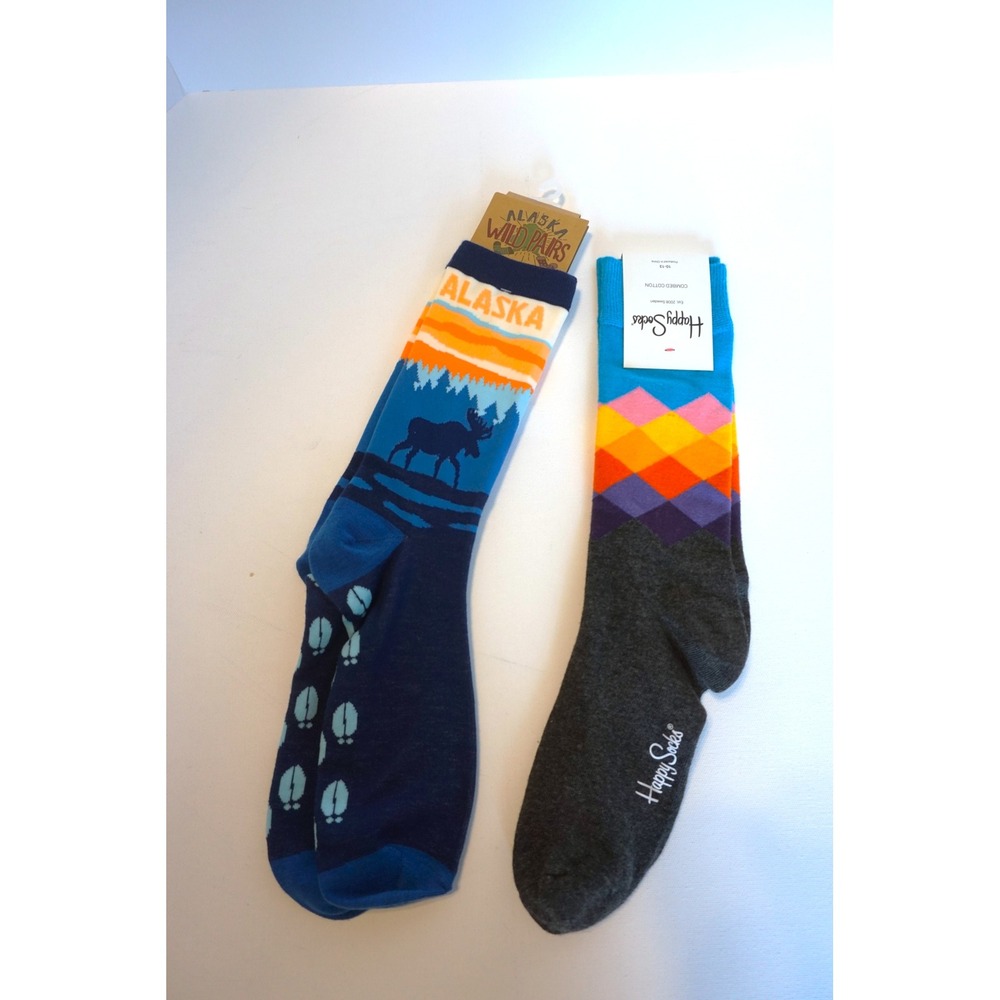 Happy Socks & Alaska Wild Pairs Mens Crew Socks Bundle 2 Pairs Moose Diamond